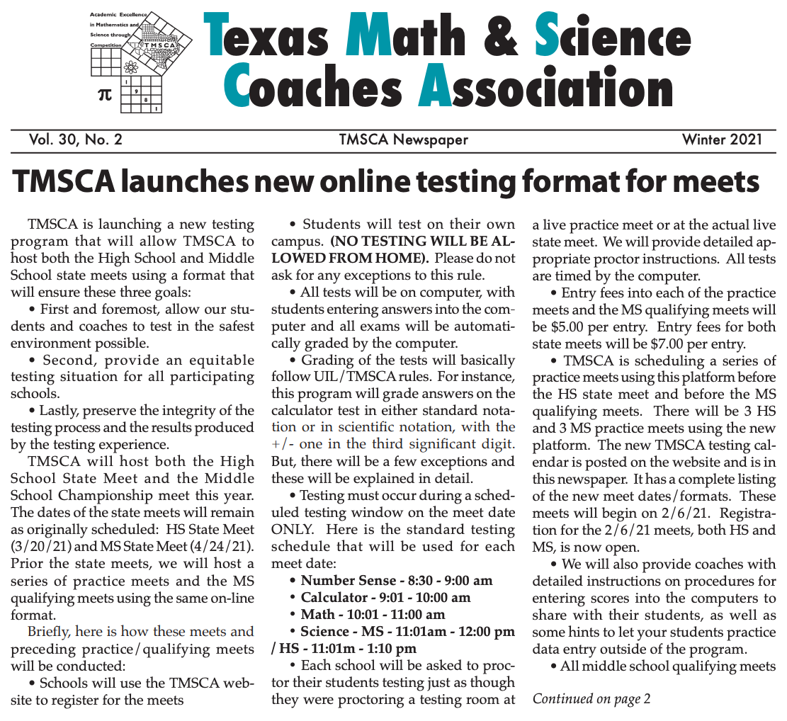 TMSCA Newsletter Announcement